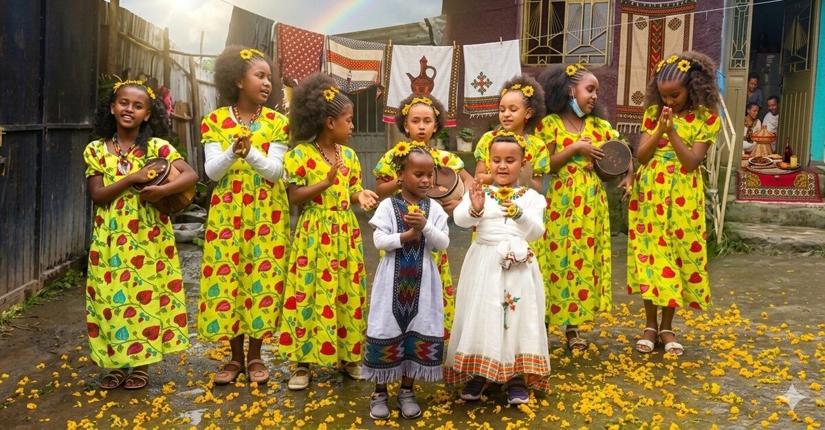 Children celebrating Ethiopian New Year with flowers and song