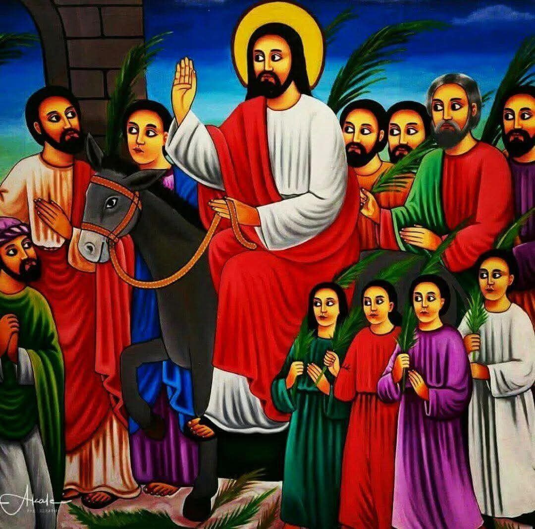 Hosaena Palm Sunday procession with worshippers carrying branches