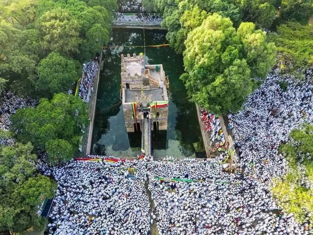 Aerial view of Fasilides Bath in Gondar during Timkat ceremony
